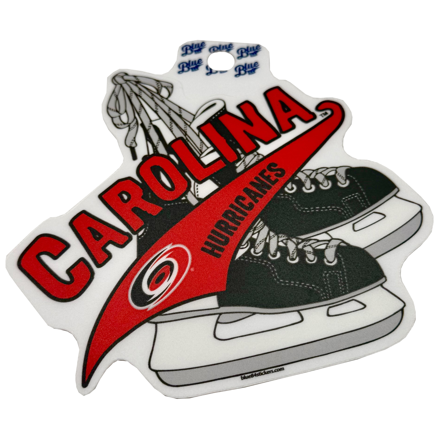 Sticker of hanging hockey skates, "CAROLINA HURRICANES" overtop in red/black