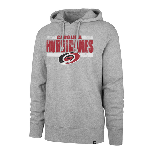 Front: Gray hoodie with Carolina Hurricanes in red with logo, white bars around wording