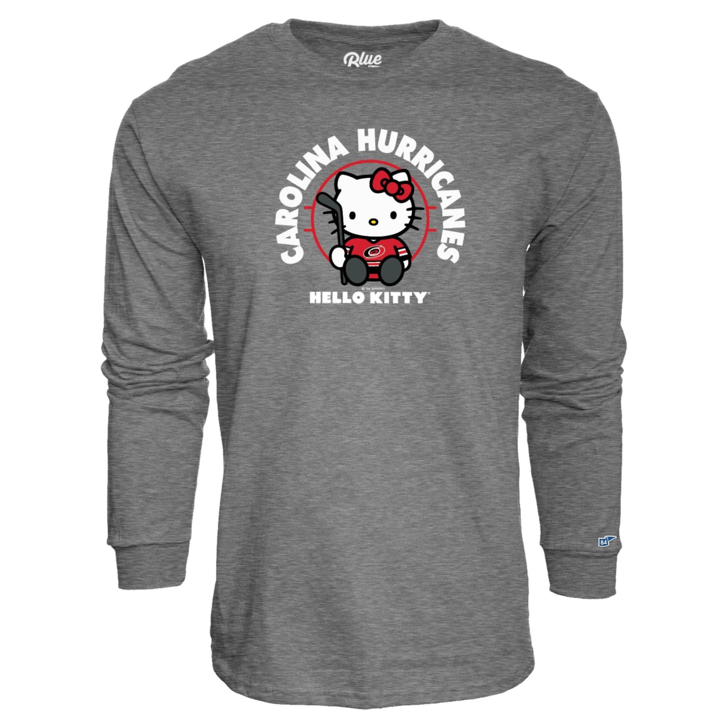 Gray longsleeve, Hello Kitty wearing Hurricanes jersey; "Hello Kitty" and "Carolina Hurricanes" in white