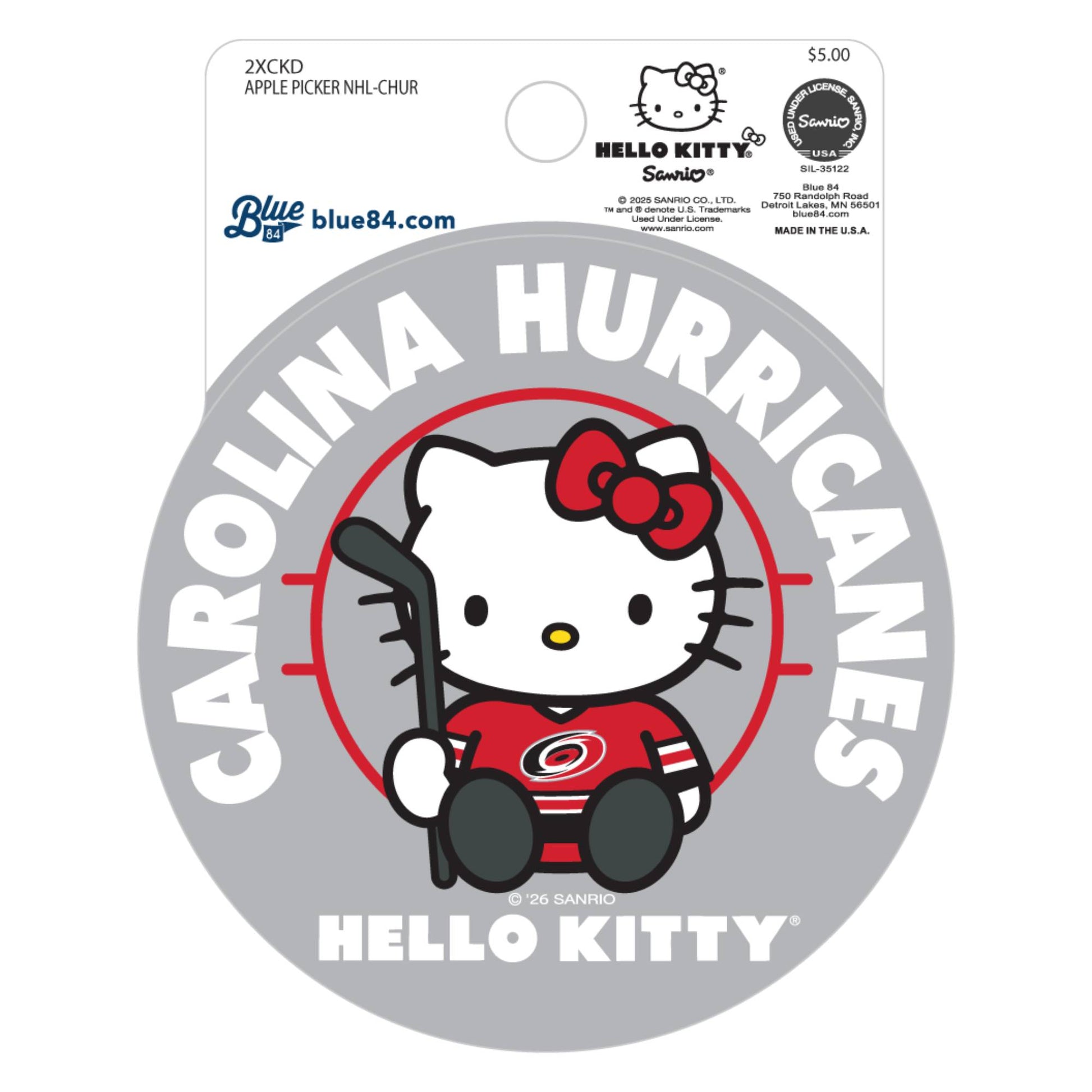 Grey sticker, Hello Kitty in a Hurricanes jersey, "CAROLINA HURRICANES HELLO KITTY" in white