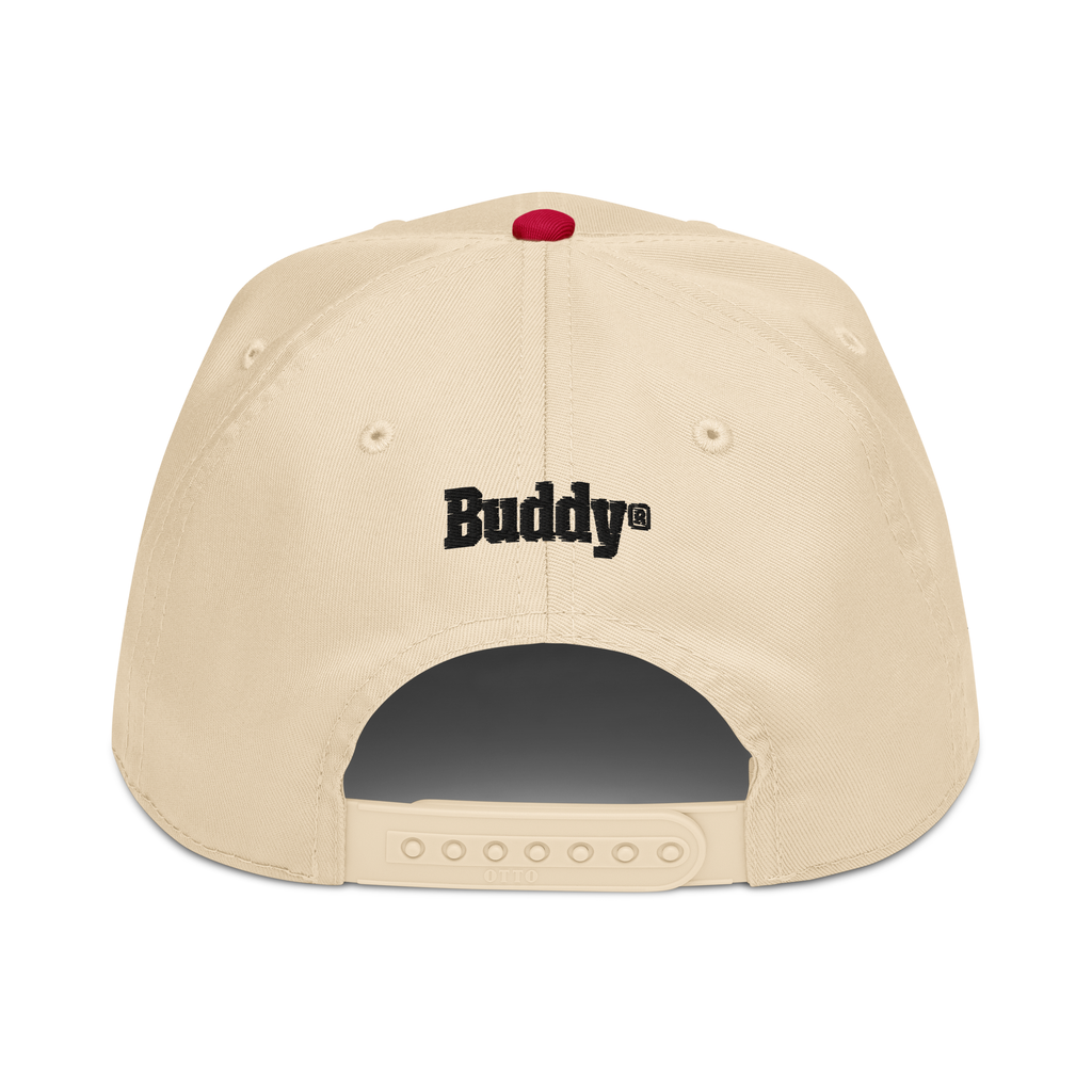 Back: Cream hat with cream snapback straps, "Buddy" wordmark in black above straps