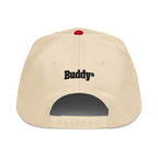 Back: Cream hat with cream snapback straps, "Buddy" wordmark in black above straps