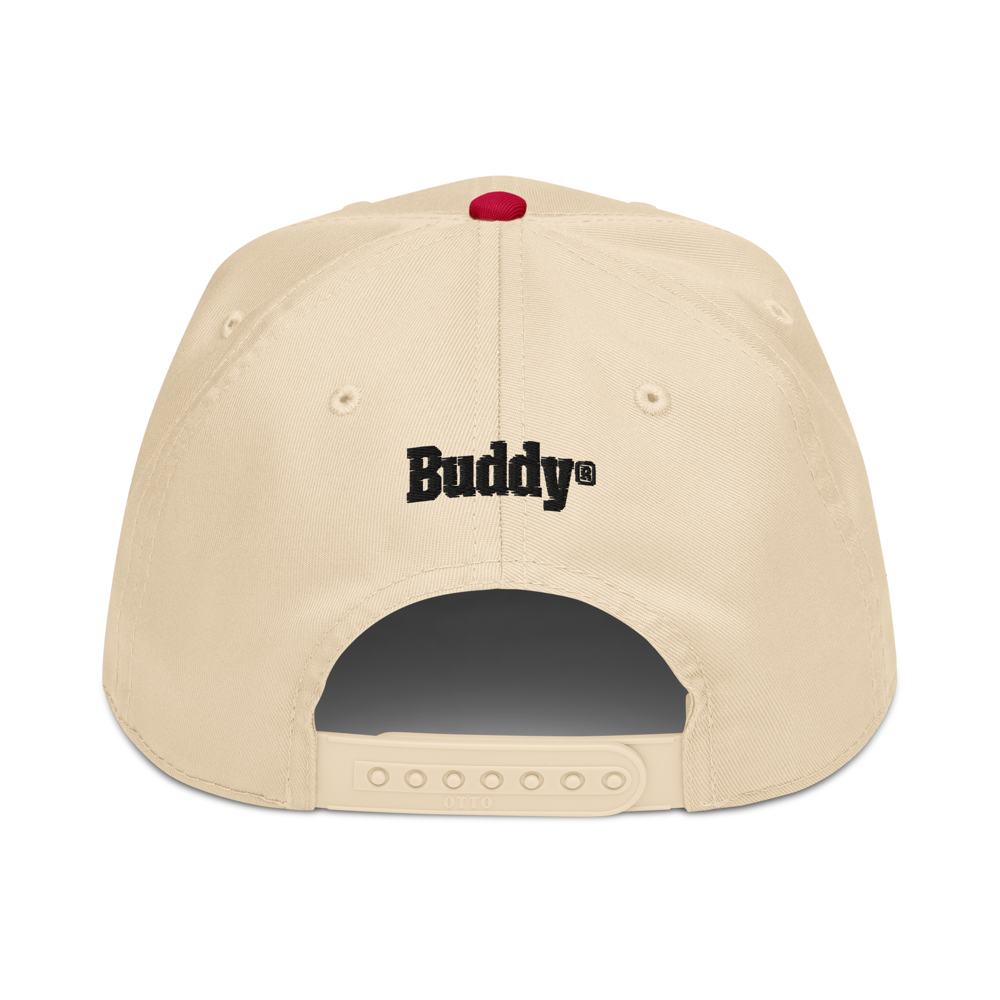 Back: Cream hat with cream snapback straps, "Buddy" wordmark in black above straps