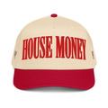 Front: Cream hat, red brim & crown,  "HOUSE MONEY" in red across front