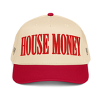 Front: Cream hat, red brim & crown,  "HOUSE MONEY" in red across front