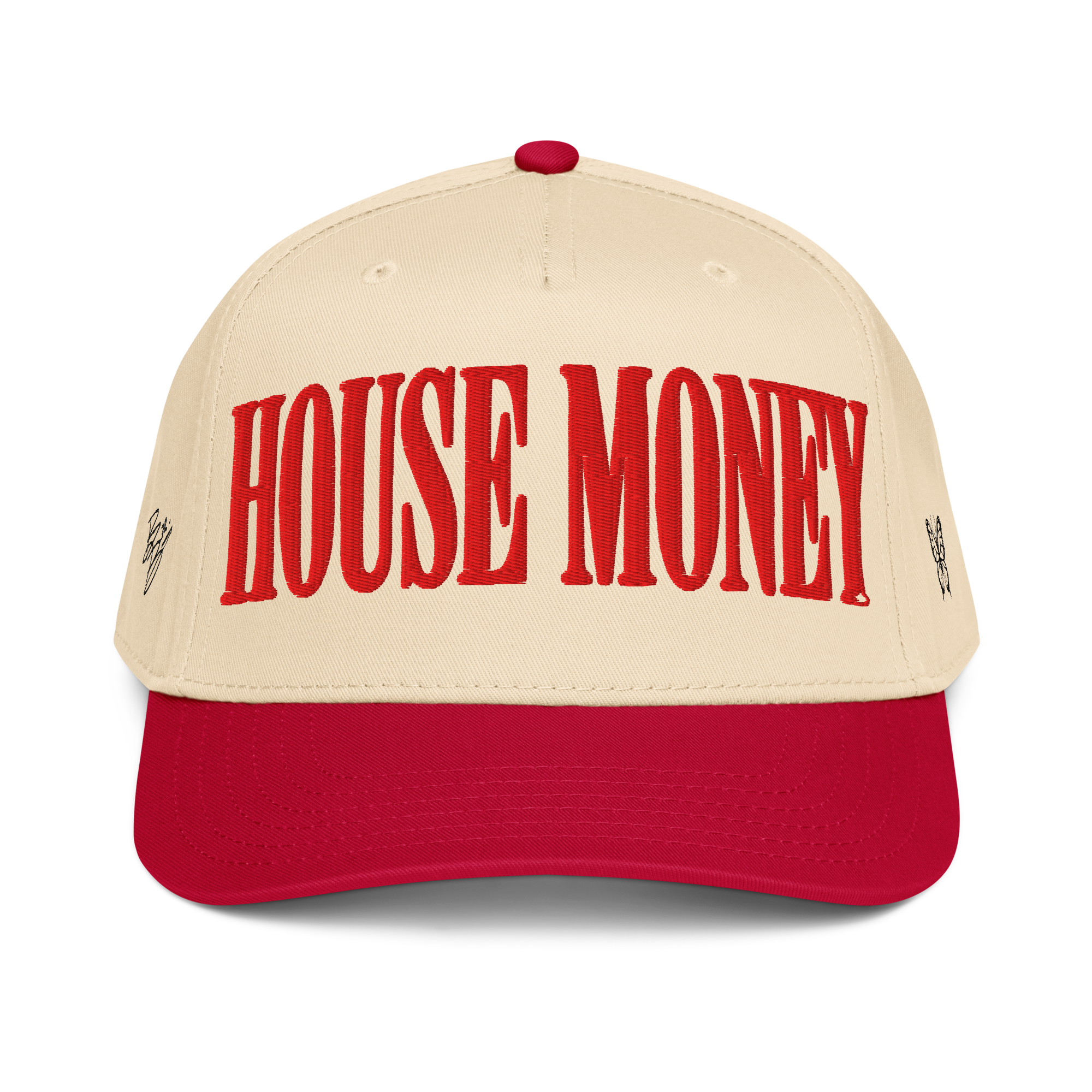 Front: Cream hat, red brim & crown,  "HOUSE MONEY" in red across front