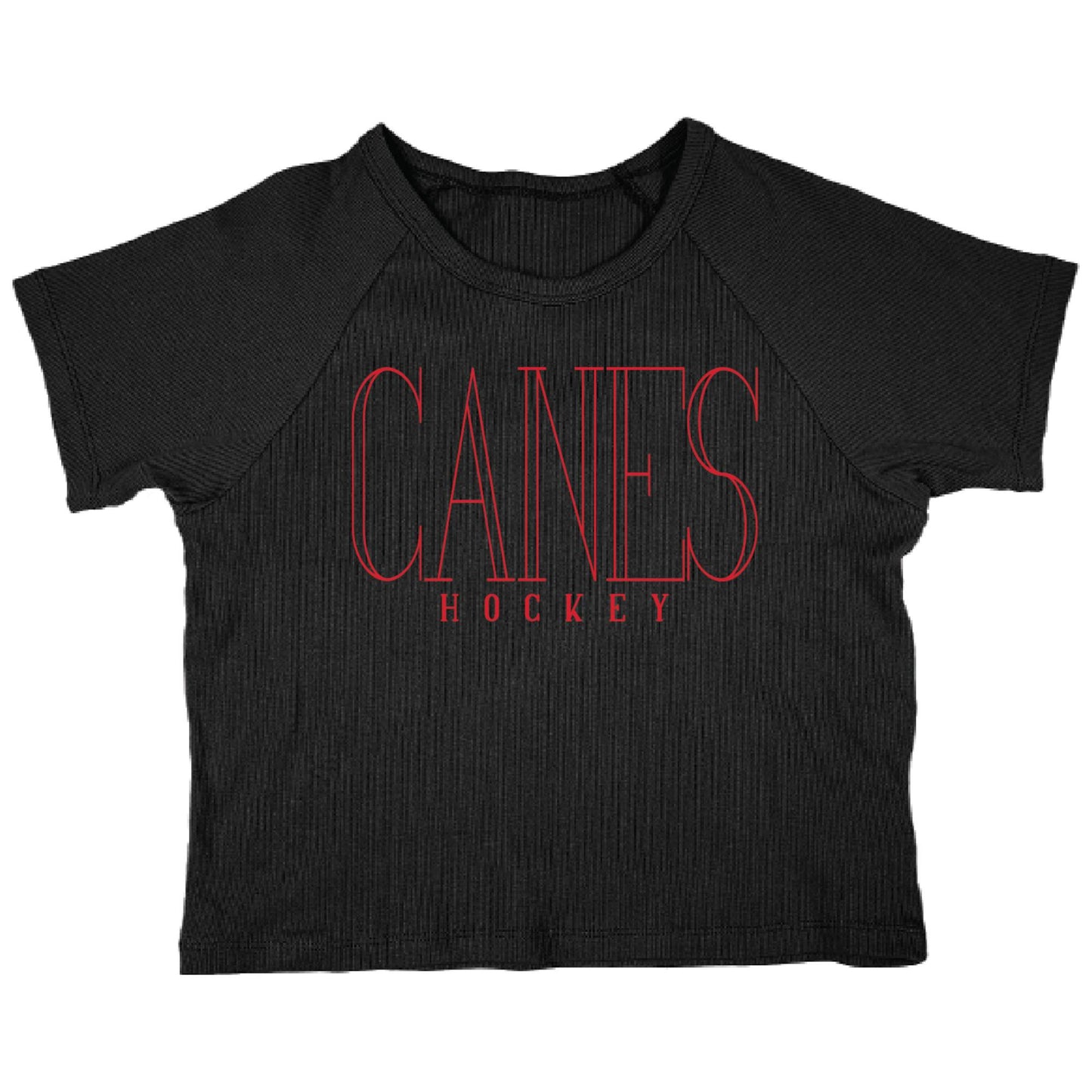Black tee, "CANES HOCKEY" in thin red text