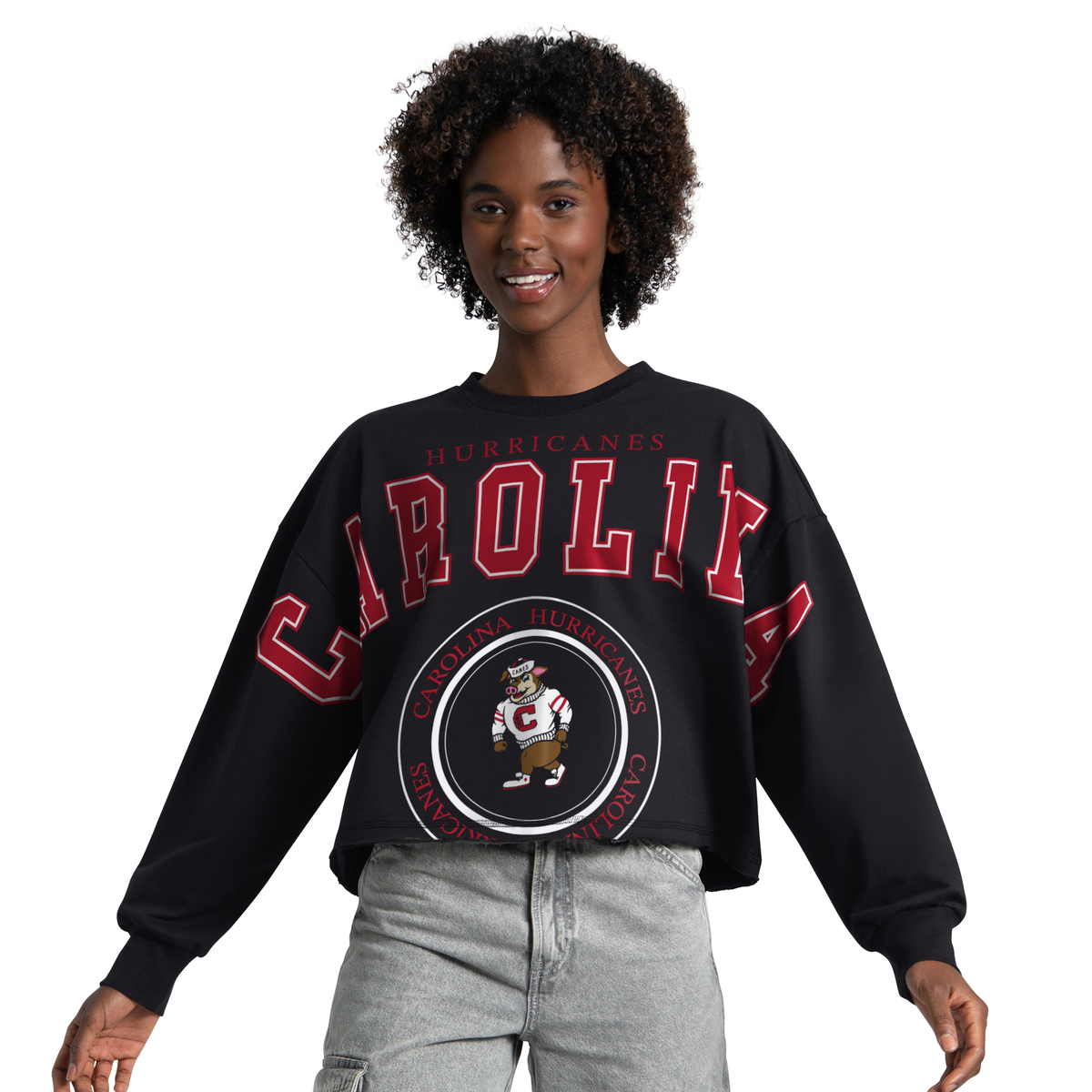 Black cropped longsleeve; "CAROLINA" in red across chests/sleeves, Struttin' Stormy in circular artwork beneath