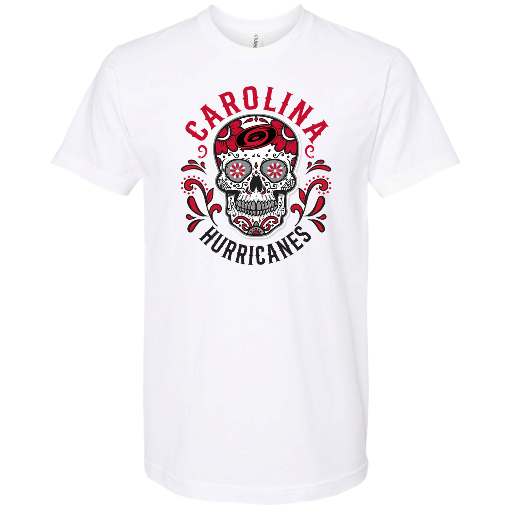 Front: White tee with Hurricanes themed Sugar Skull, "CAROLINA HURRICANES" arched around skull