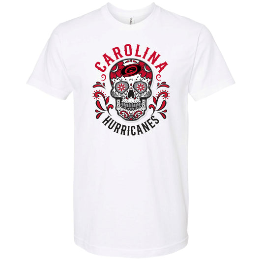 Front: White tee with Hurricanes themed Sugar Skull, "CAROLINA HURRICANES" arched around skull
