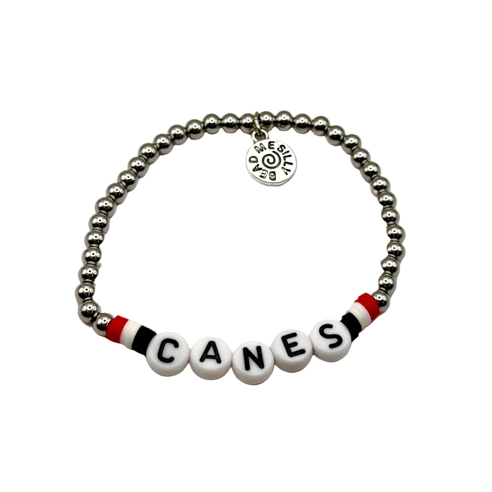 Bracelet with "CANES" beads, red/white/black beads next to 'C' and 'S'