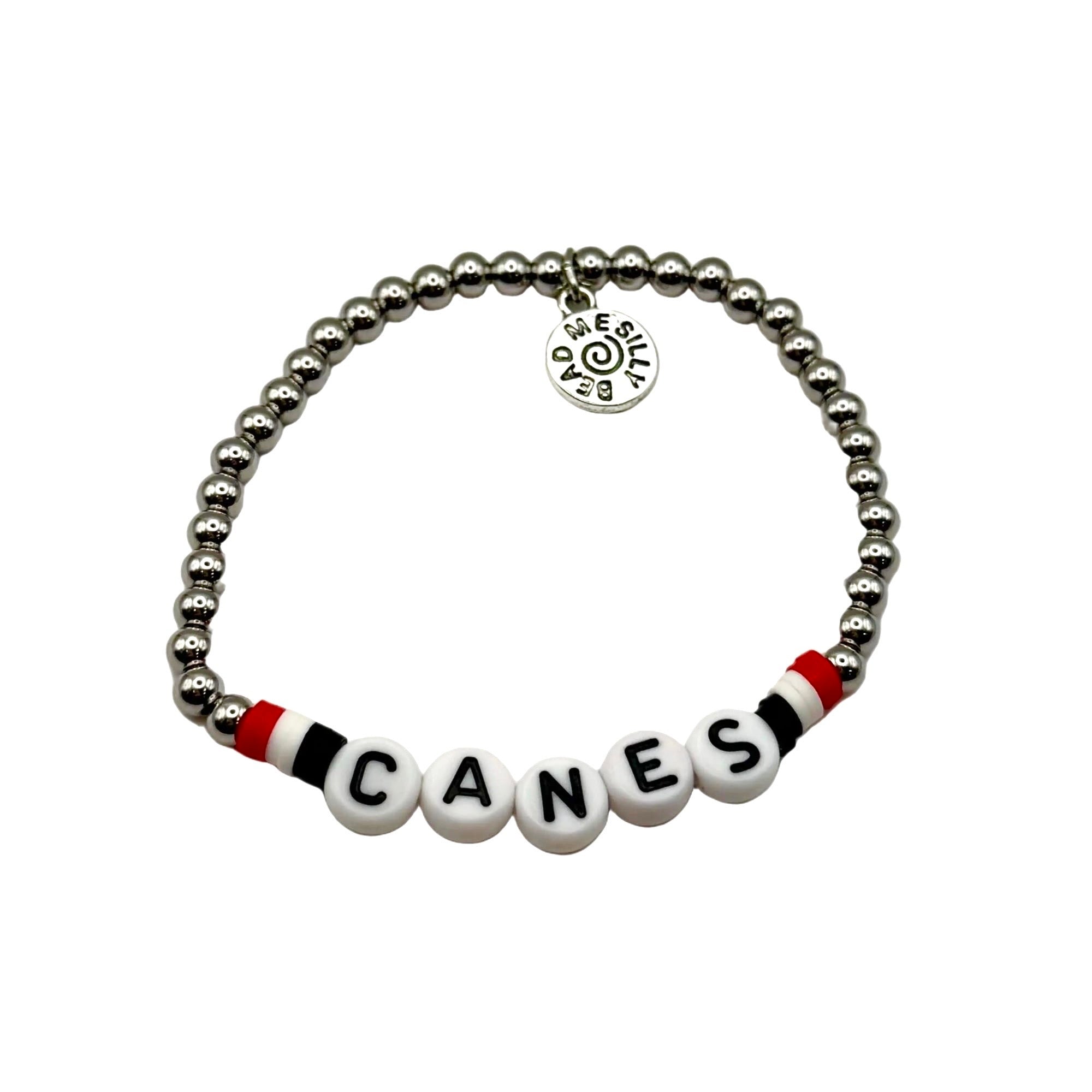 Bracelet with "CANES" beads, red/white/black beads next to 'C' and 'S'