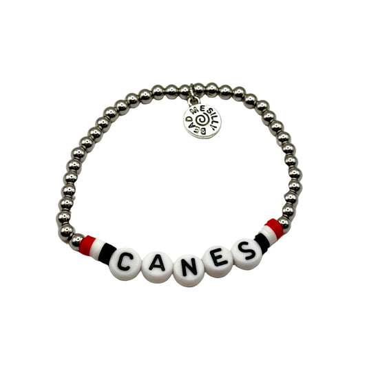 Bracelet with "CANES" beads, red/white/black beads next to 'C' and 'S'