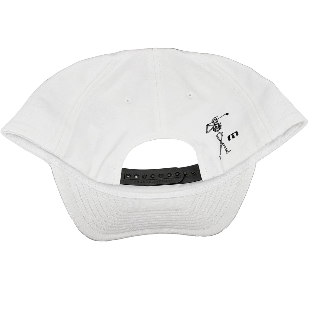 Back: Black snapback straps, Travis Mathew art to right of straps