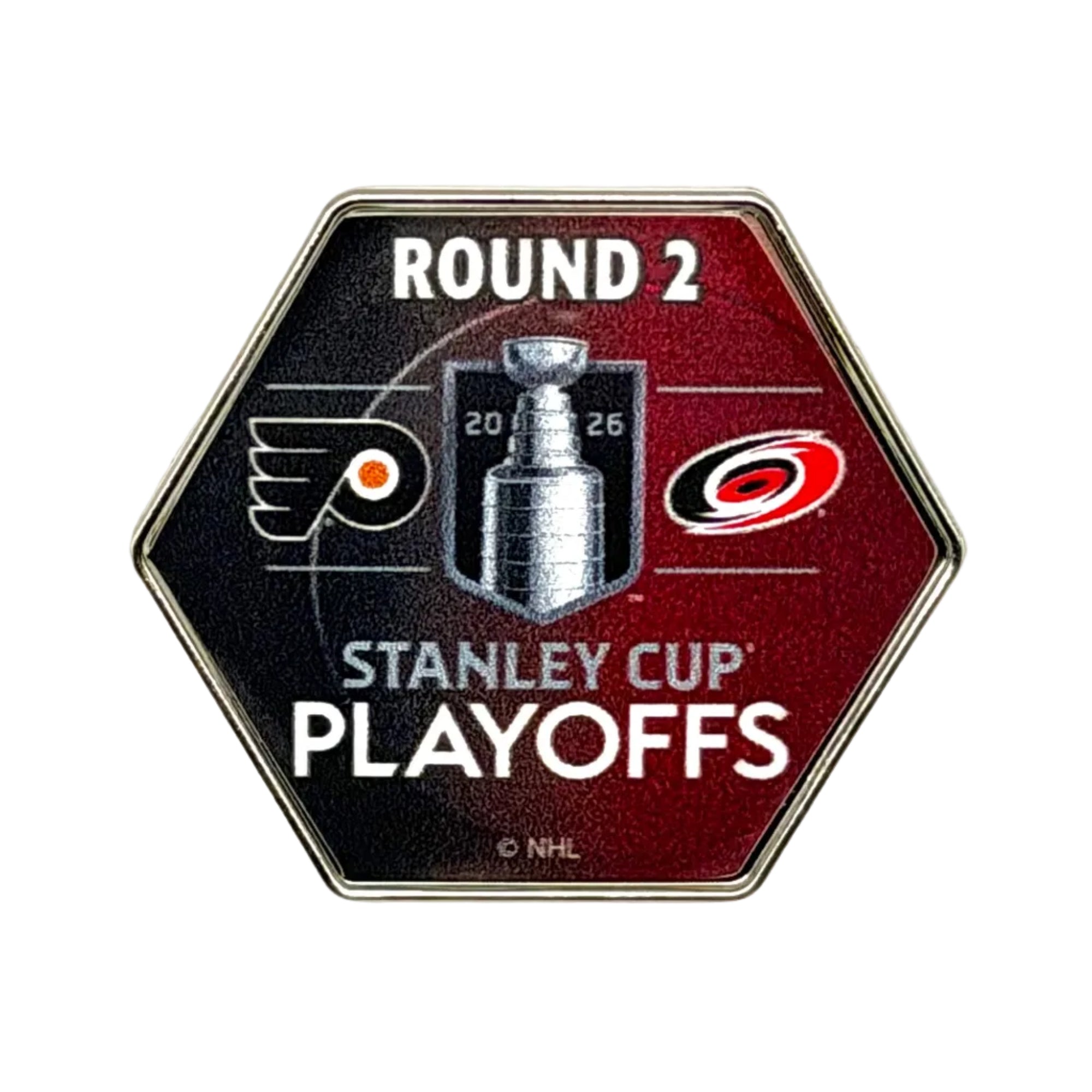 Red/black hexagonal lapel pin of Hurricanes/Flyers matchup with team logos, 2026 Stanley Cup Playoffs logo