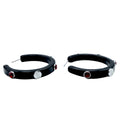 Black hoop earrings with red gem studs & silver studs with Primary logo outline pressed in
