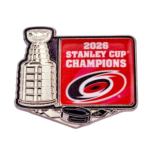 5 sided-pin with Stanley Cup next to red square, "2026 STANLEY CUP CHAMPIONS" in white with Primary logo inside square