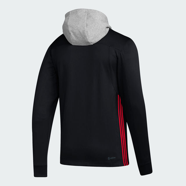 Back: Black with gray hood and 3 red stripes on sides
