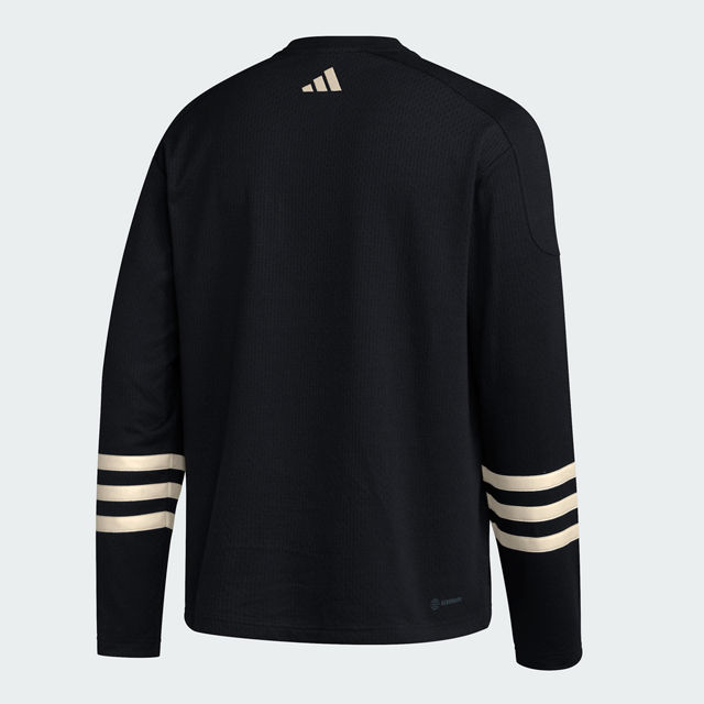 Back: Black sweater with 3 white stripes on arms and adidas logo at neckline