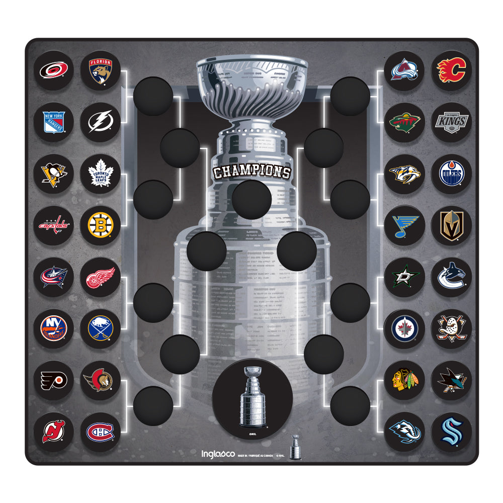 Bracket-style plaque with all 32 NHL Teams as pucks, Stanley Cup puck at middle bottom