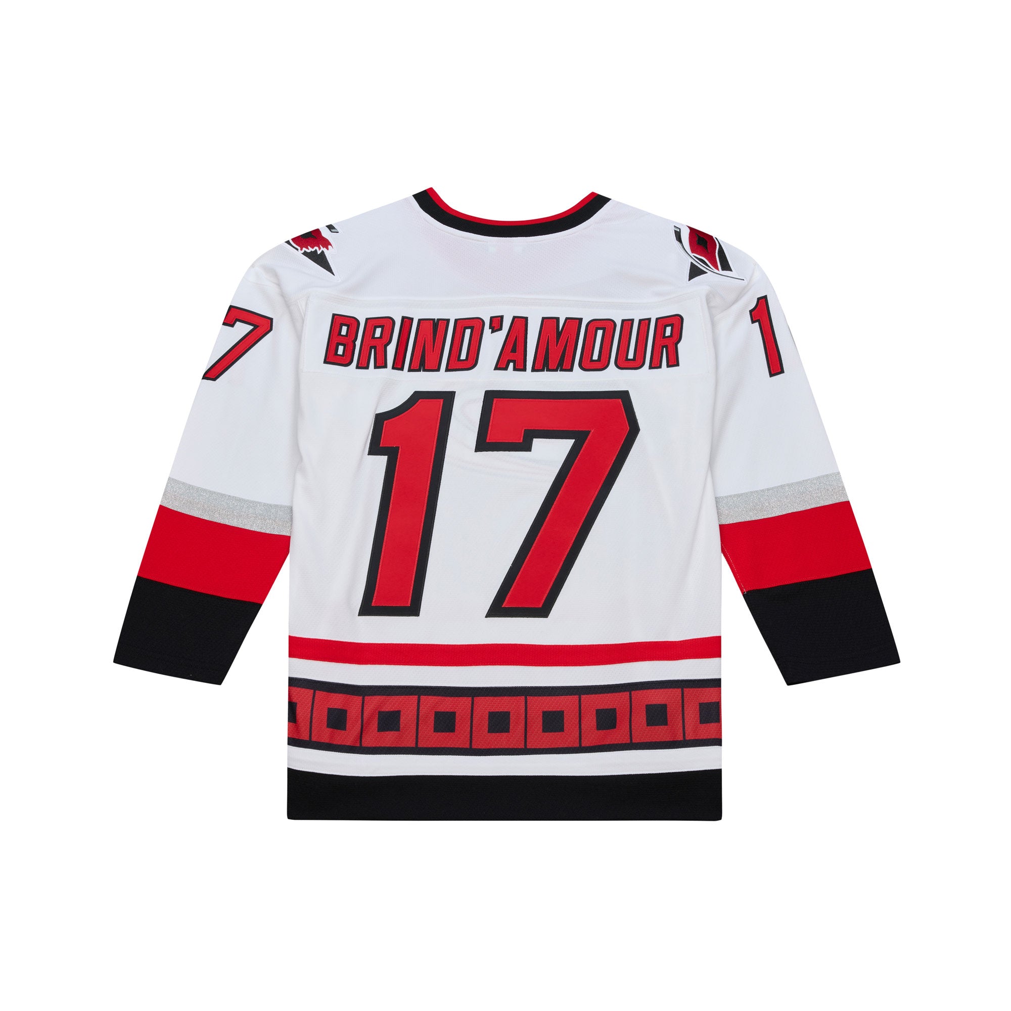 Back: White 05-06 Hurricanes jersey, "BRIND'AMOUR #17" in red with black outline