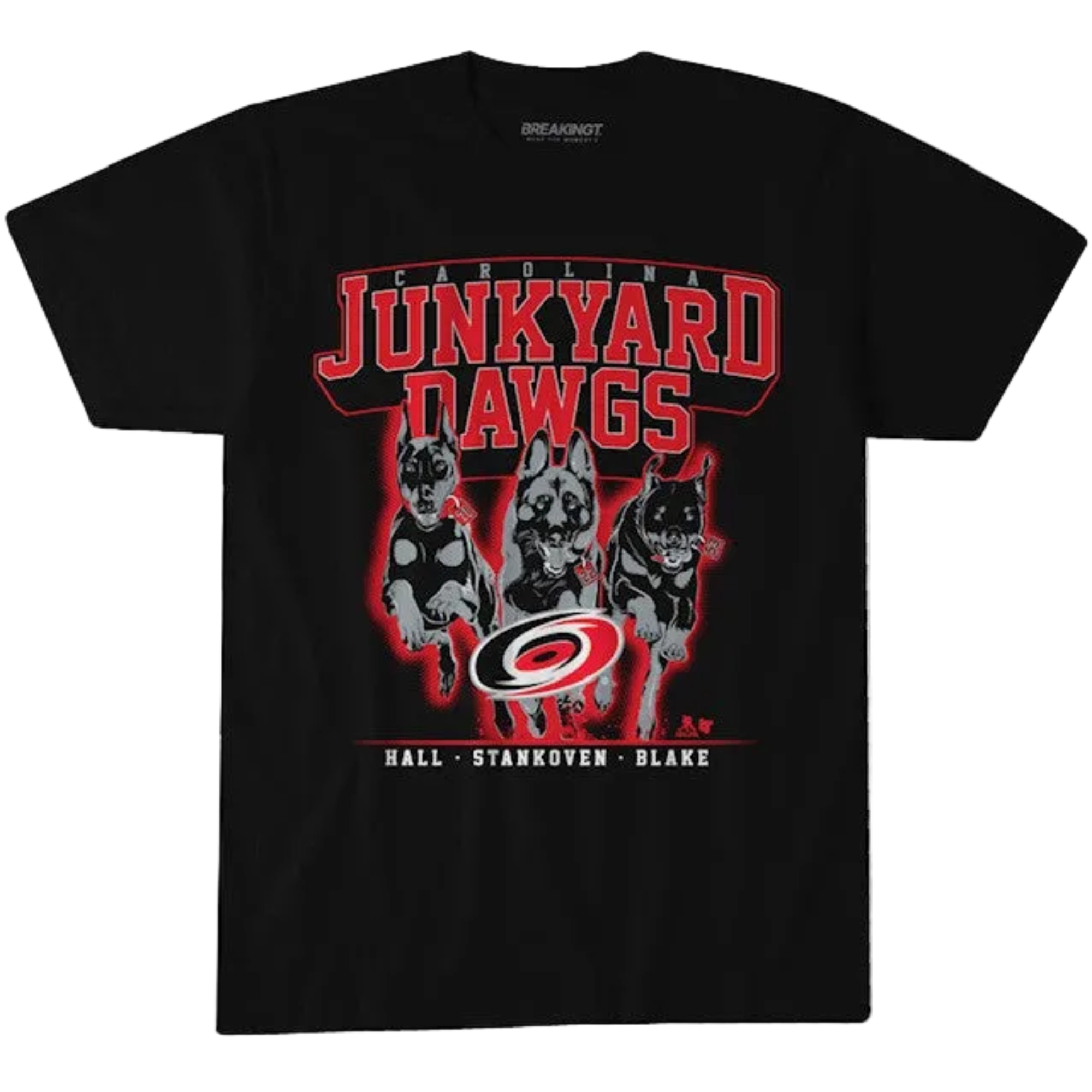 Black tee, "JUNKYARD DAWGS" in red with 3 dogs wearing Hall/Stankoven/Blake jersey numbers as dog tags