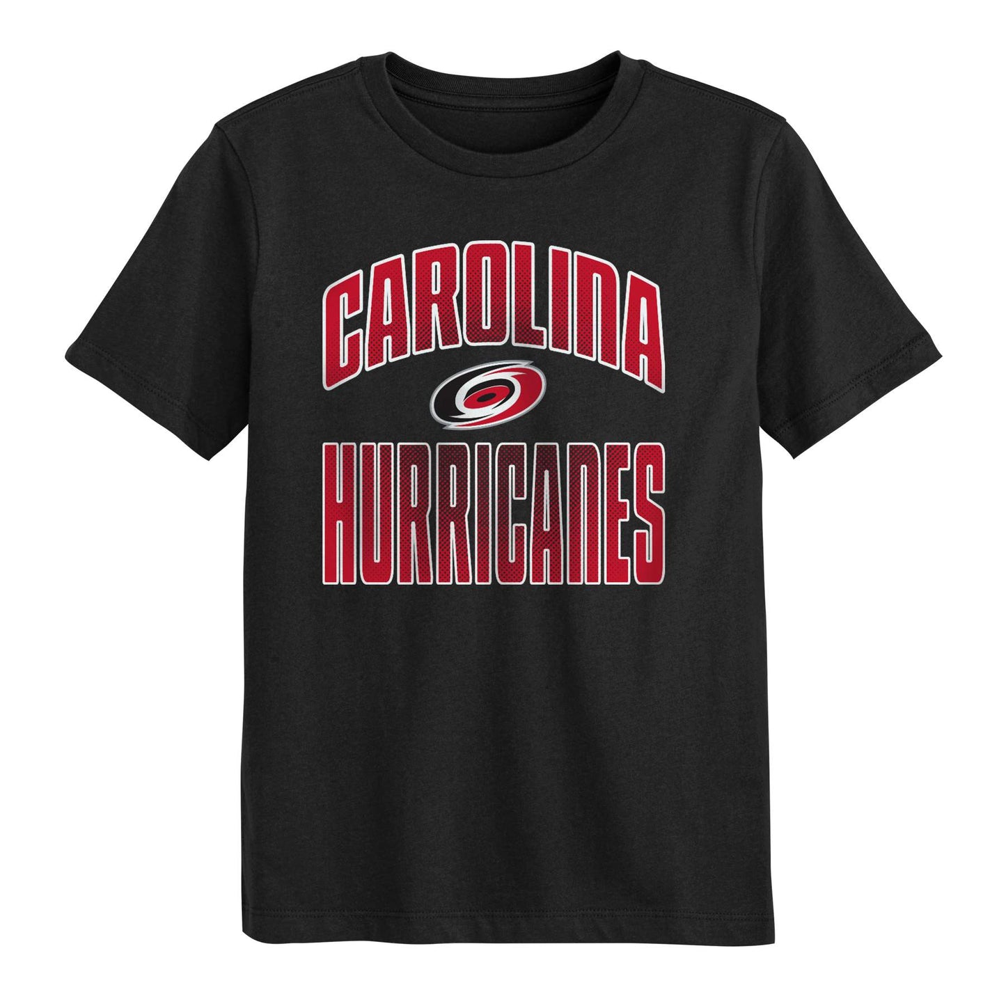 Tee 1: Black tee, "CAROLINA HURRICANES" in red with white outline, Primary logo between words