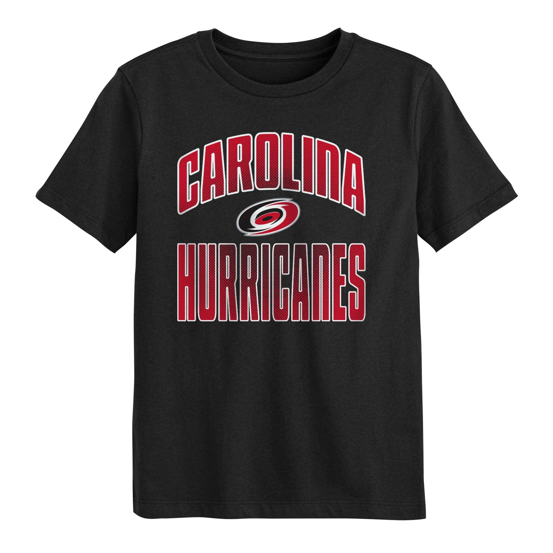 Tee 1: Black tee, "CAROLINA HURRICANES" in red with white outline, Primary logo between words