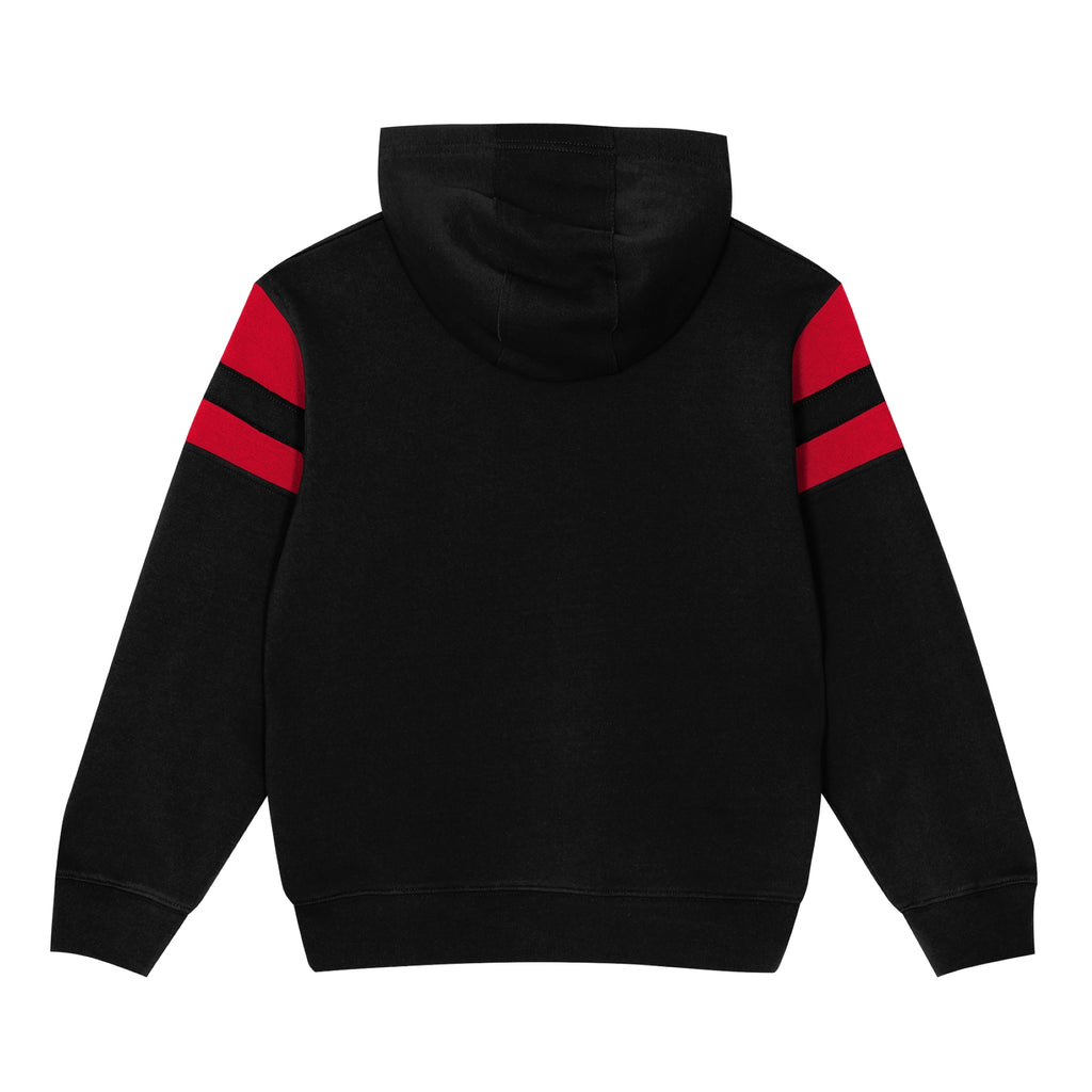 Back: Black hoodie with red stripes on sleeves