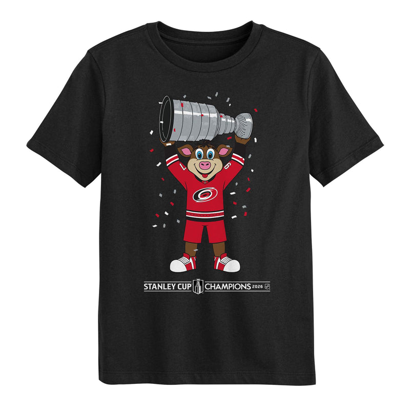 Black tee, art of Stormy raising the Stanley Cup, 'Stanley Cup Champions' wordmark beneath Stormy