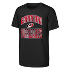 Tee 1: Black tee, "CAROLINA HURRICANES" in red with white outline, Primary logo between words
