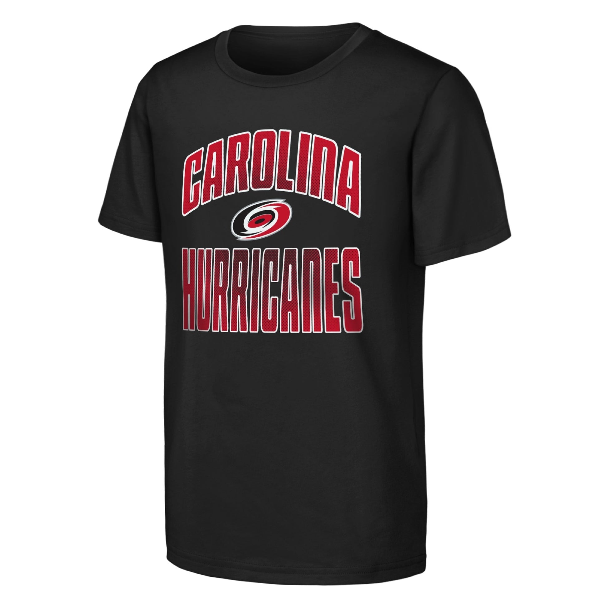 Tee 1: Black tee, "CAROLINA HURRICANES" in red with white outline, Primary logo between words