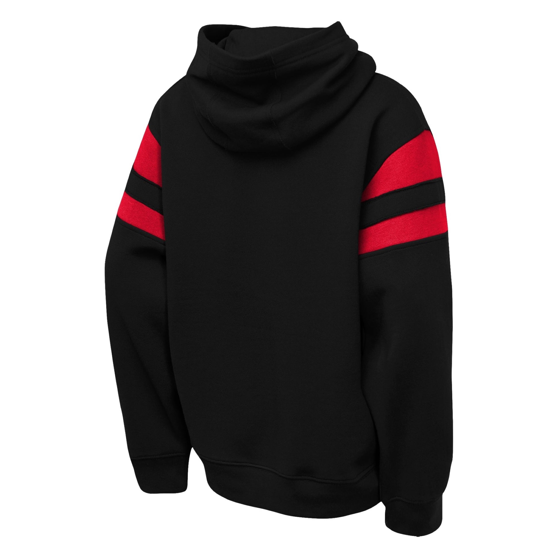 Back: Black hoodie, red stripes on sleeves