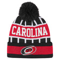 Front: Black beanie with pom, white stripes, "CAROLINA" across front, Primary logo on cuff