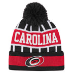 Front: Black beanie with pom, white stripes, "CAROLINA" across front, Primary logo on cuff