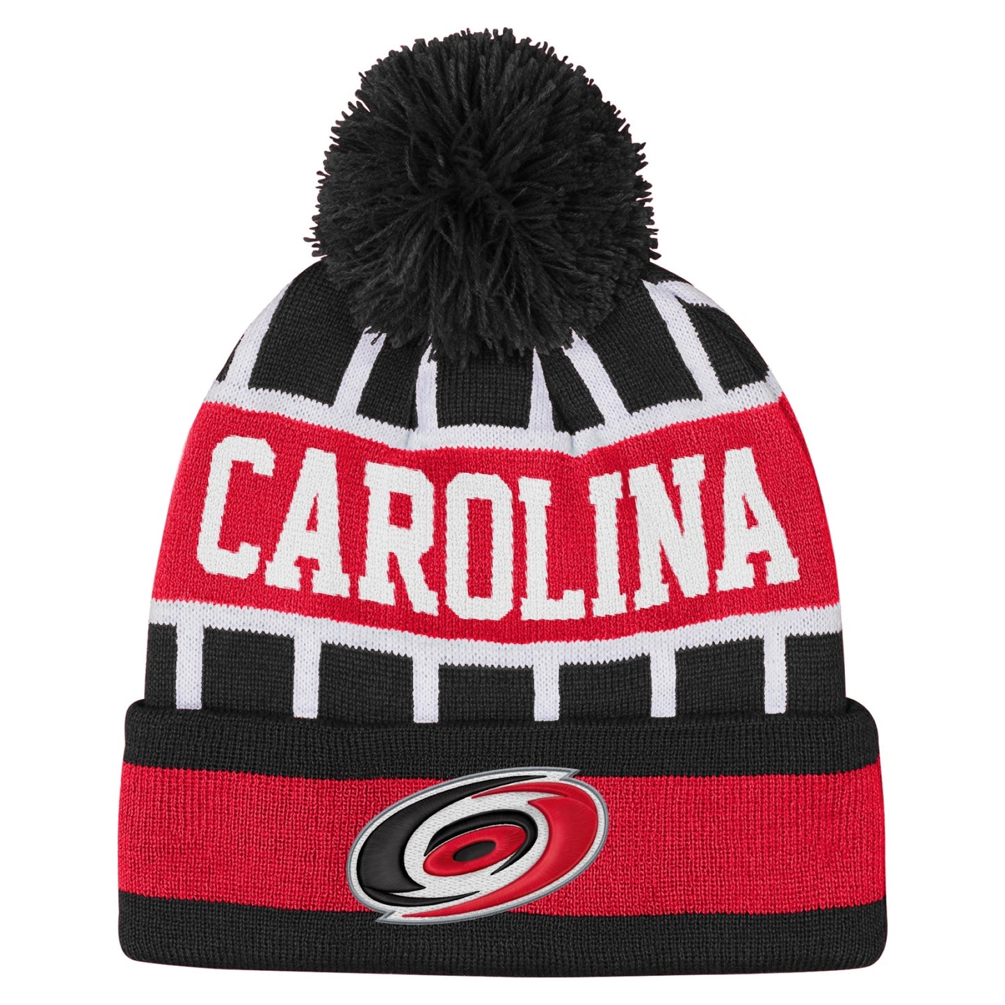 Front: Black beanie with pom, white stripes, "CAROLINA" across front, Primary logo on cuff