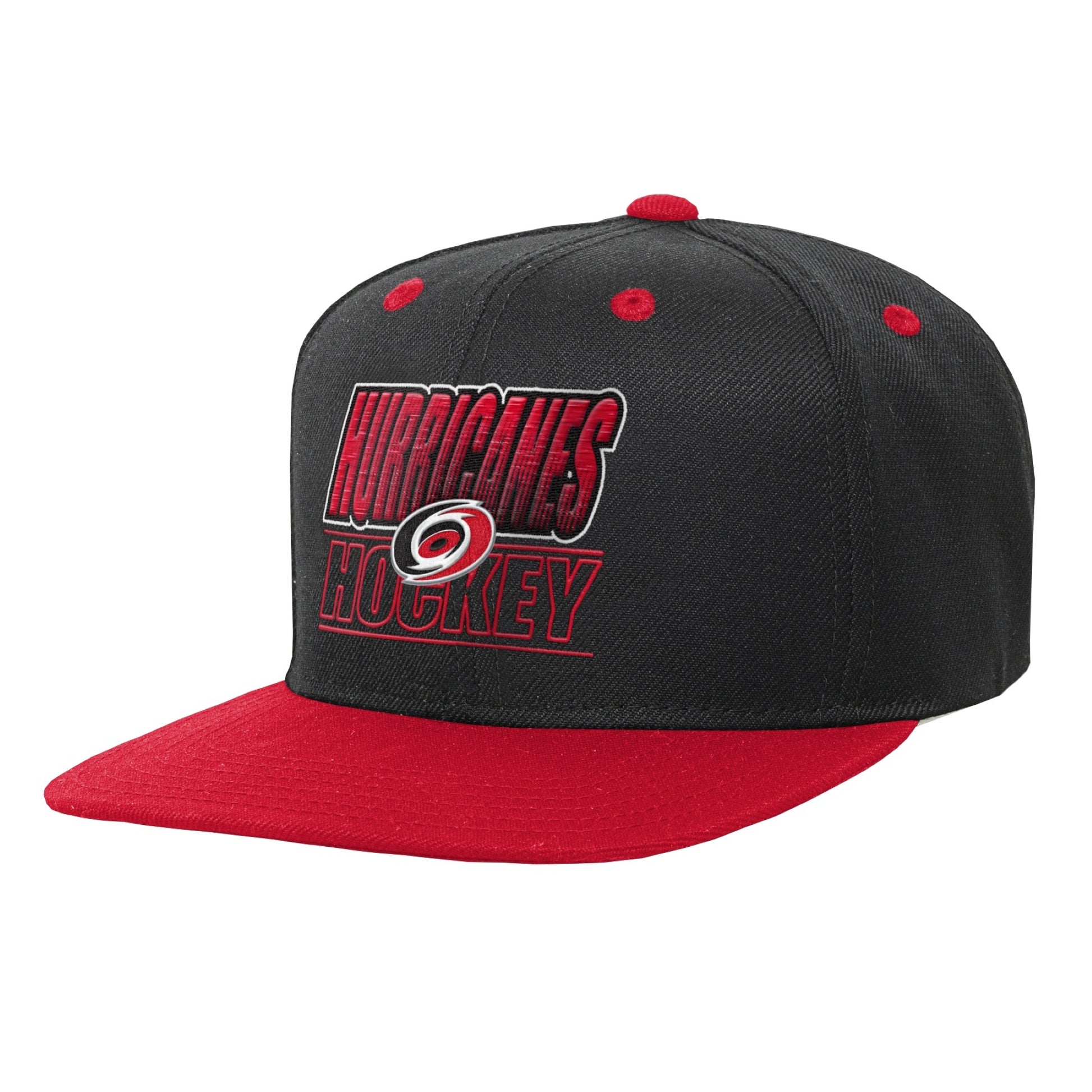 Front: Black hat, red brim; "Hurricanes Hockey" in red with Primary logo; red eyelets/crown