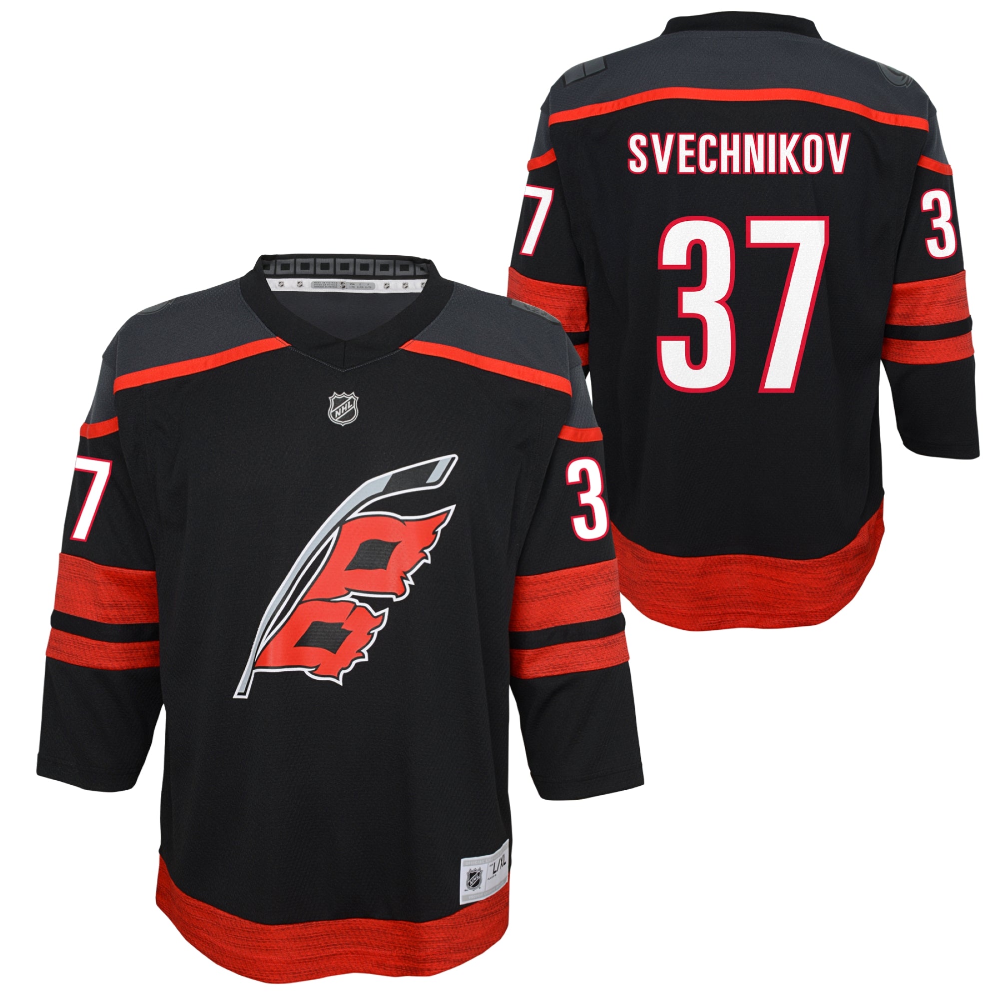 Front/Back: Black Hurricanes jersey, "SVECHNIKOV 37" on back, "37" on sleeves