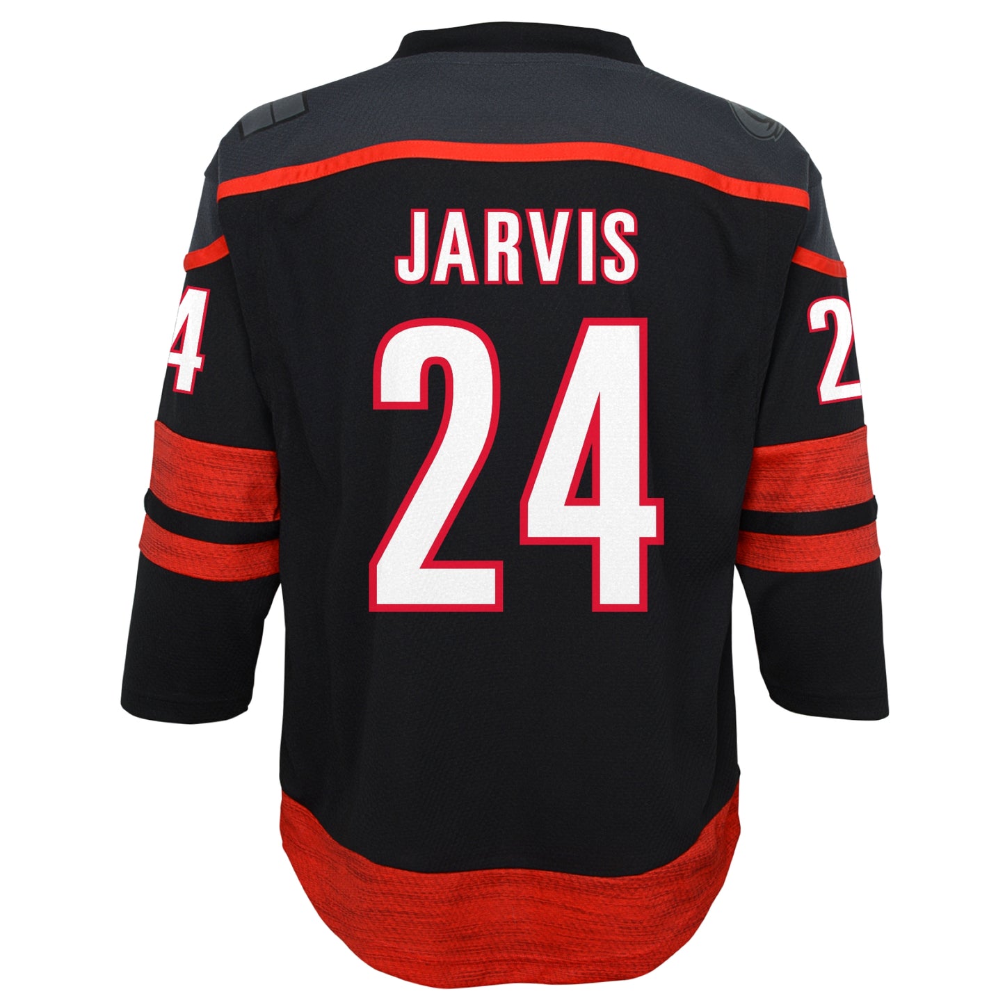 Back: Black Hurricanes jersey, "JARVIS 24" in white with red outline