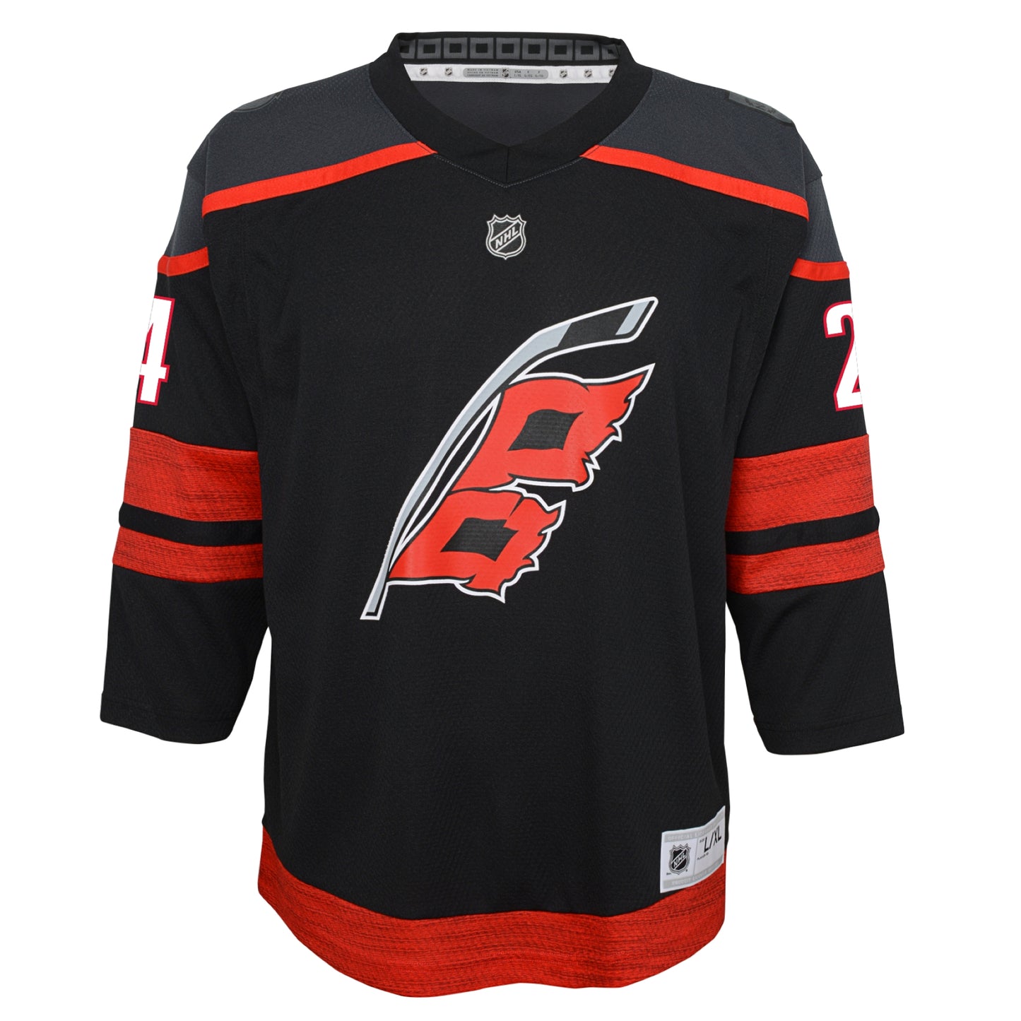 Front: Black Hurricanes jersey, "24" on sleeves in white with red outline