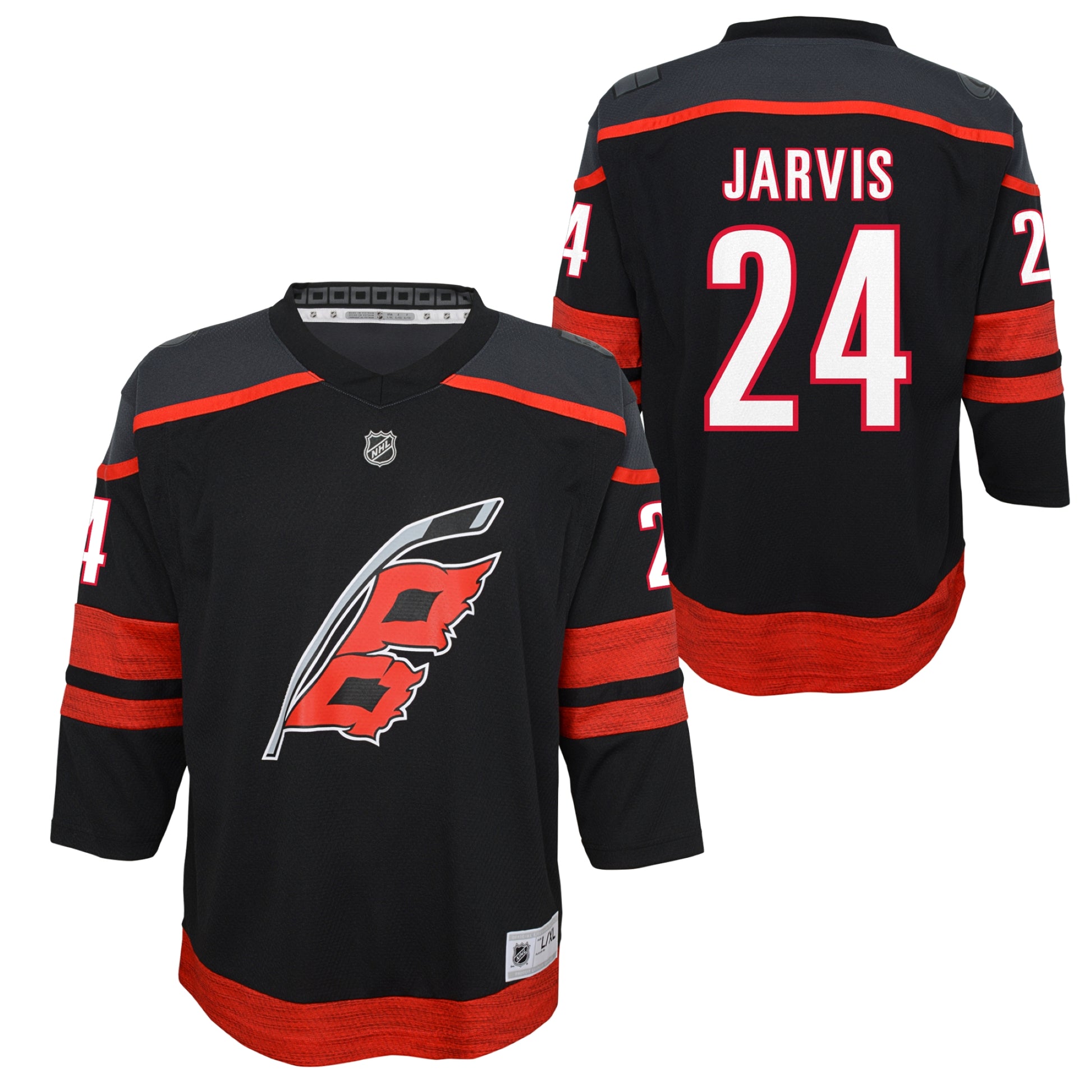Front/Back: Black Hurricanes Youth jersey, "JARVIS 24" on back, "24" on sleeves