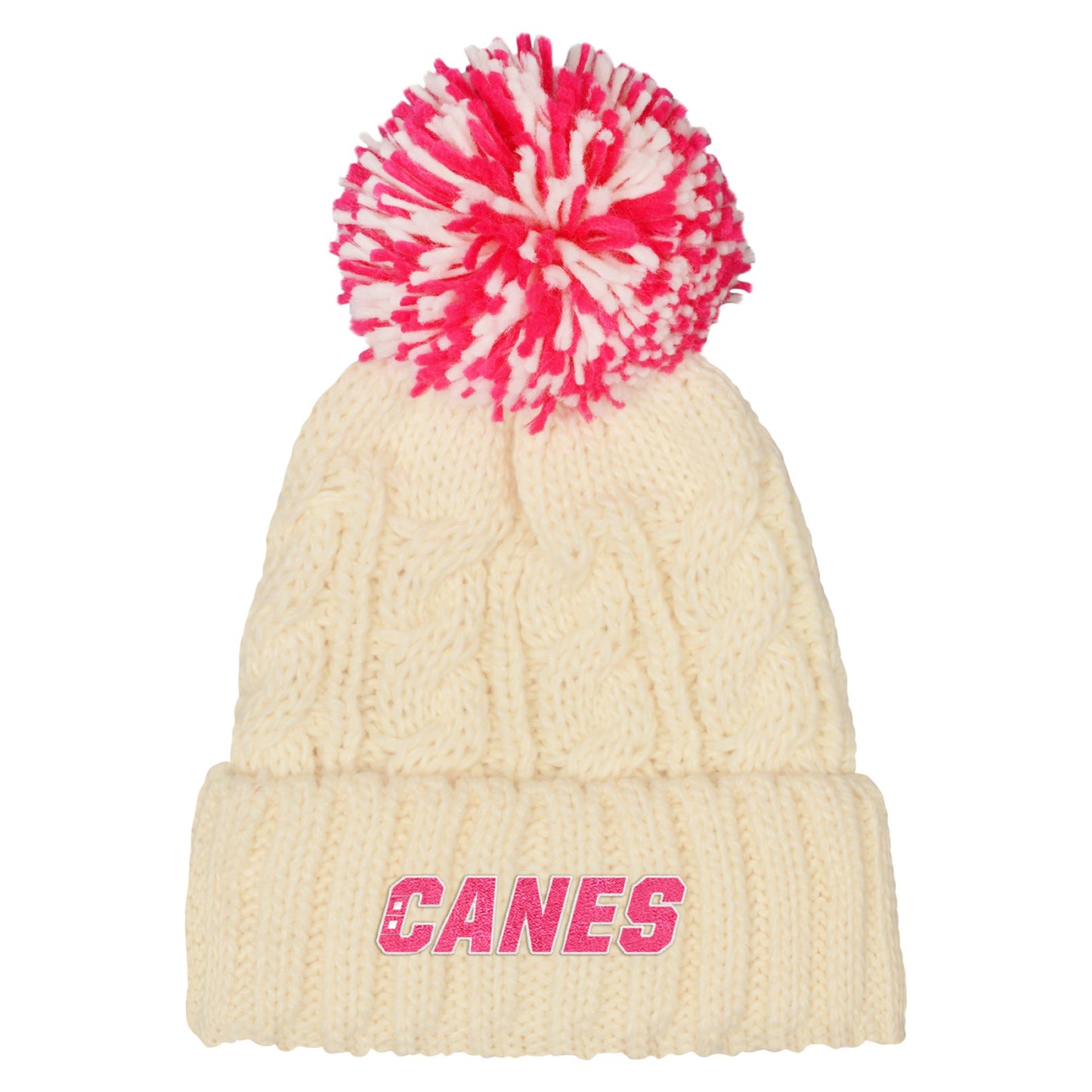 Front: Cream knit beanie, pink/white pom, 'CANES' wordmark in pink on cuff