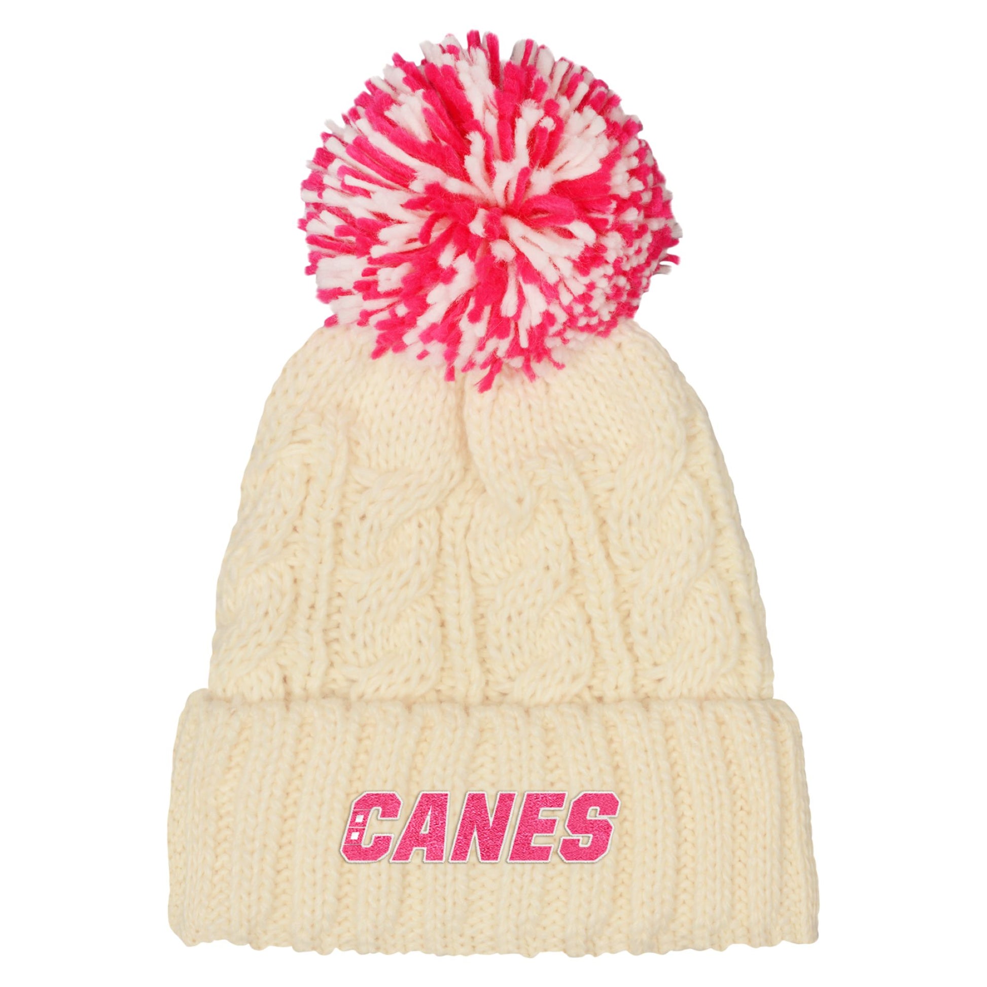 Front: Cream knit beanie, pink/white pom, 'CANES' wordmark in pink on cuff