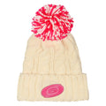 Front: Cream knit beanie, pink/white pom, Primary logo in pink on cuff