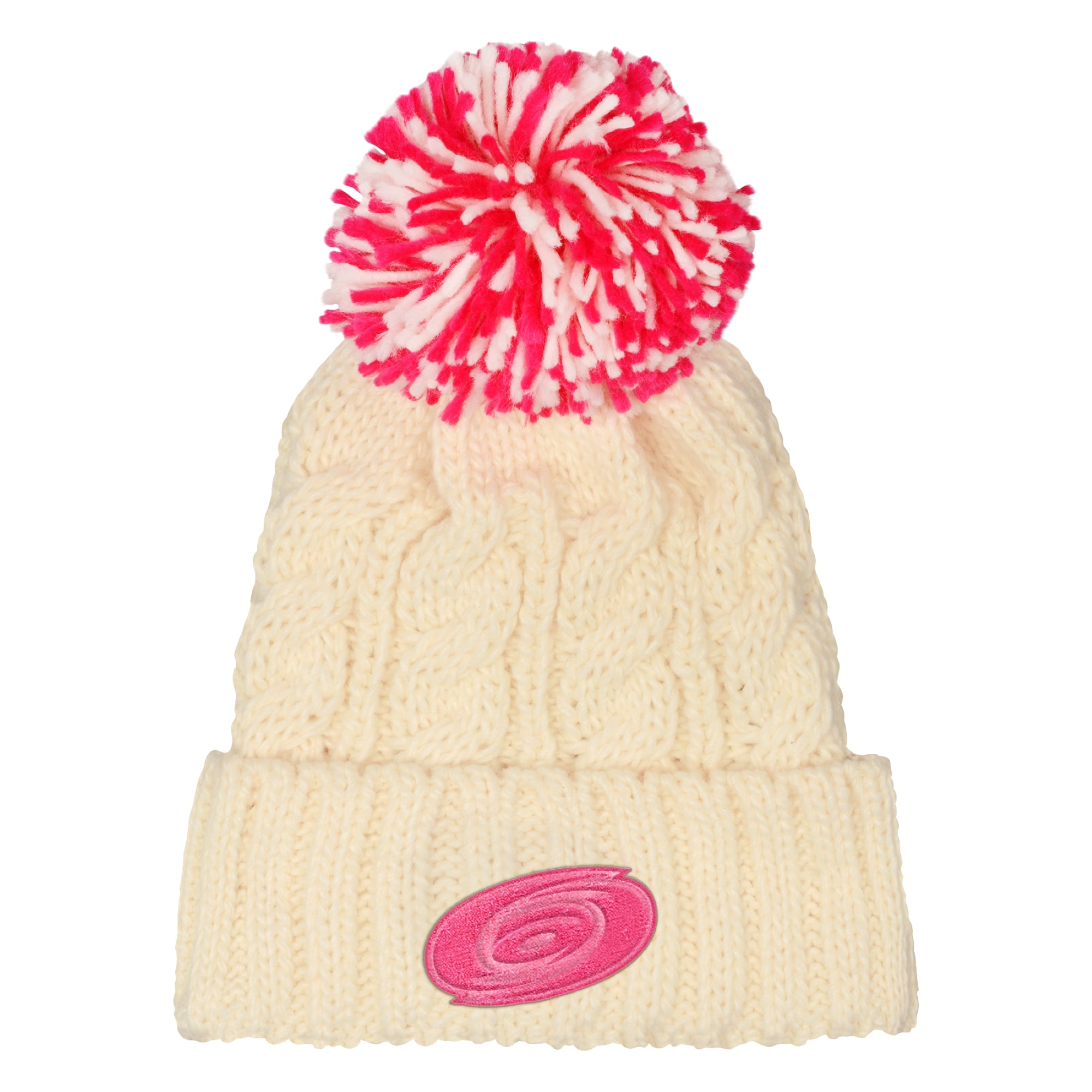 Front: Cream knit beanie, pink/white pom, Primary logo in pink on cuff