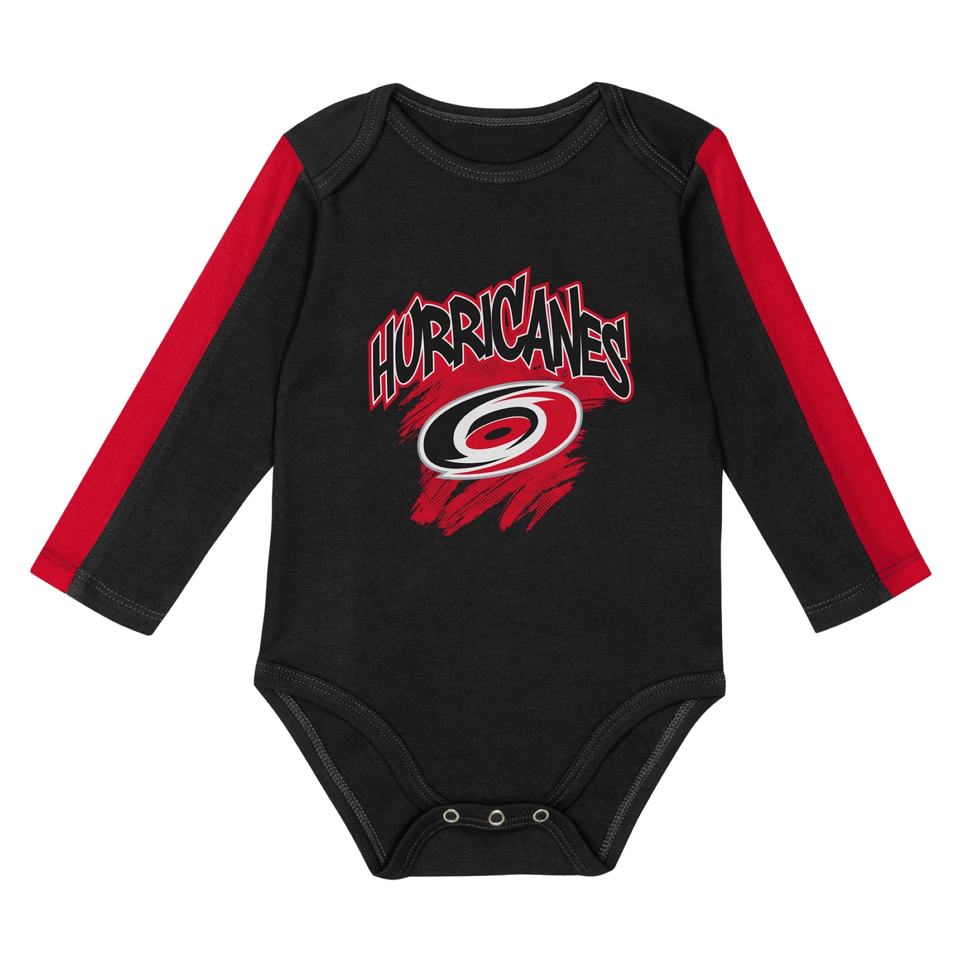 Black long-sleeve onesie with red trim, "HURRICANES" arched over red backdrop with Primary logo