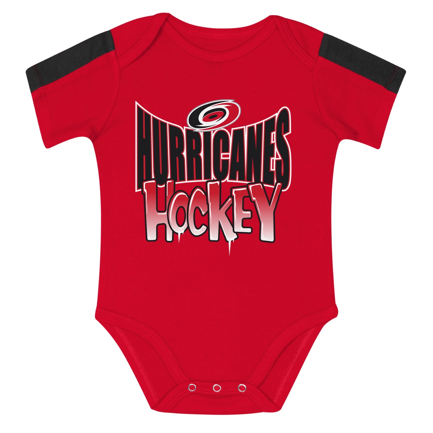Red short-sleeve onesie, black trim, "HURRICANES HOCKEY" graphic on front