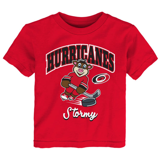 Red tee; "HURRICANES" arched in black/red/white; art of Stormy playing hockey