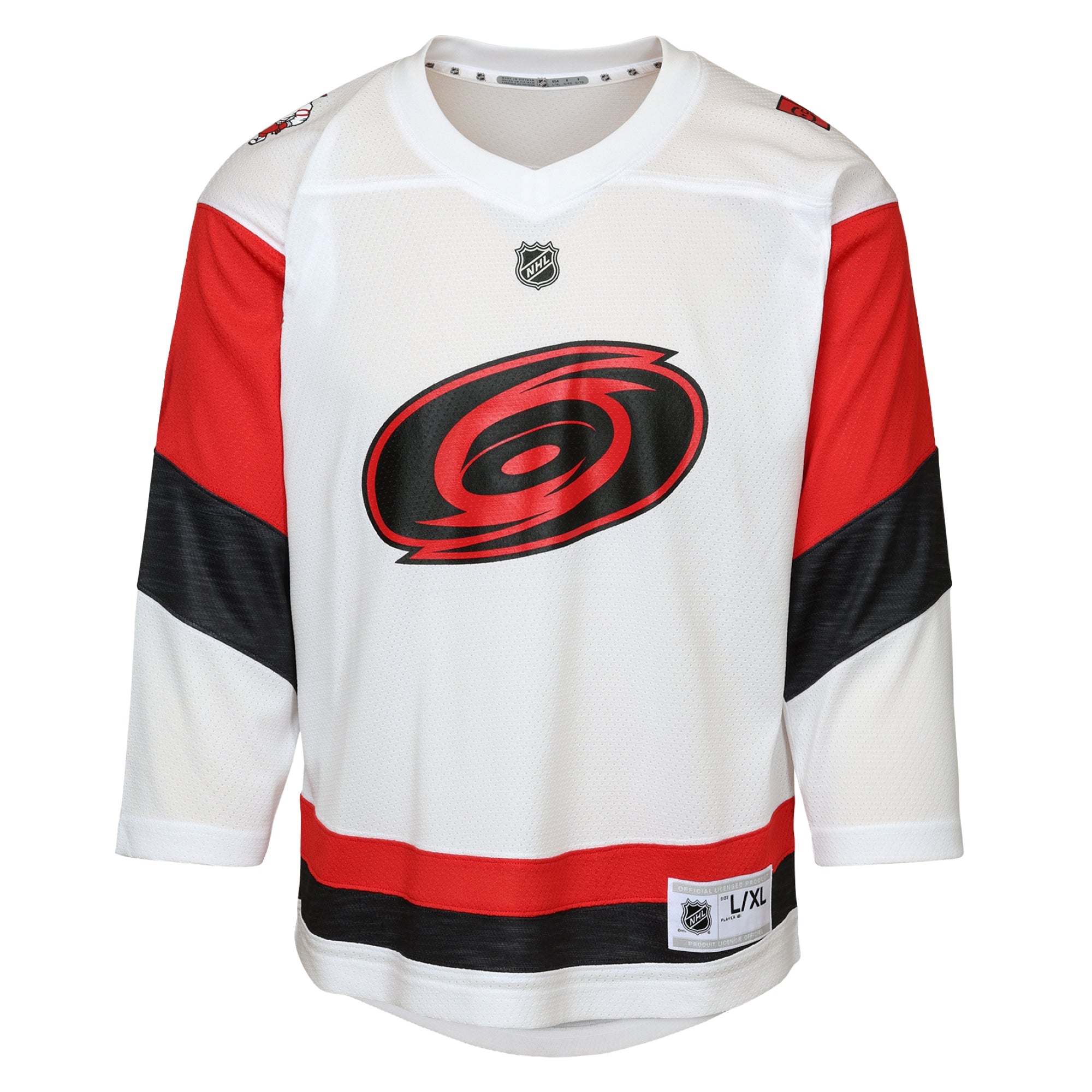White jersey, red/heather black striping, Tonal primary logo on front with NHL Shield