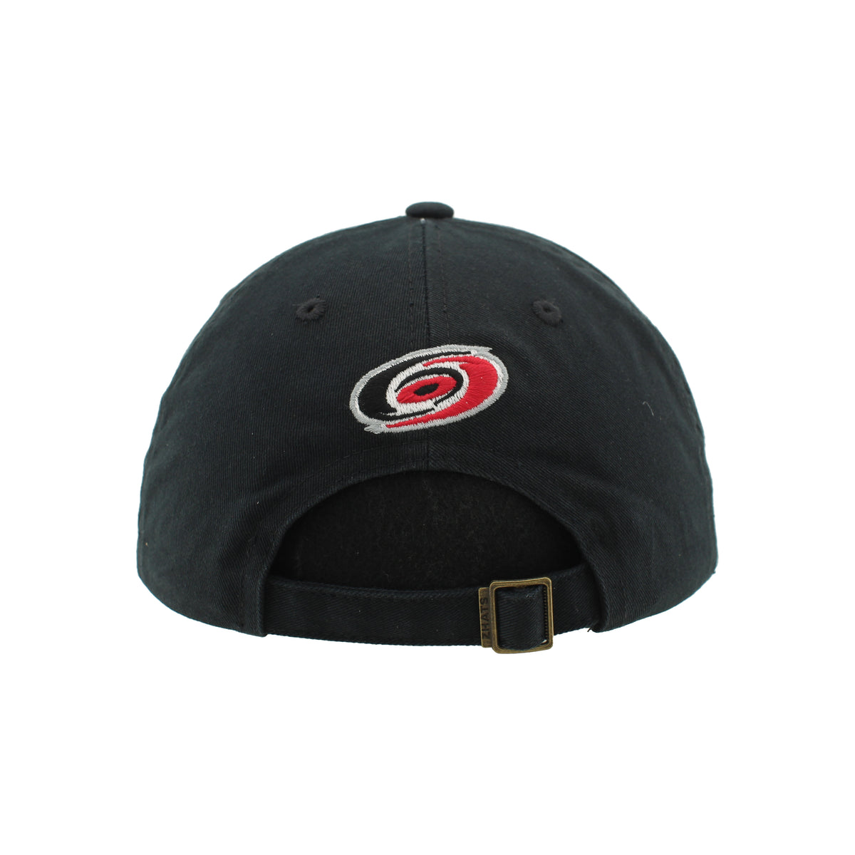 Back: Black adjustable strap with snap clasp, Primary logo above strap